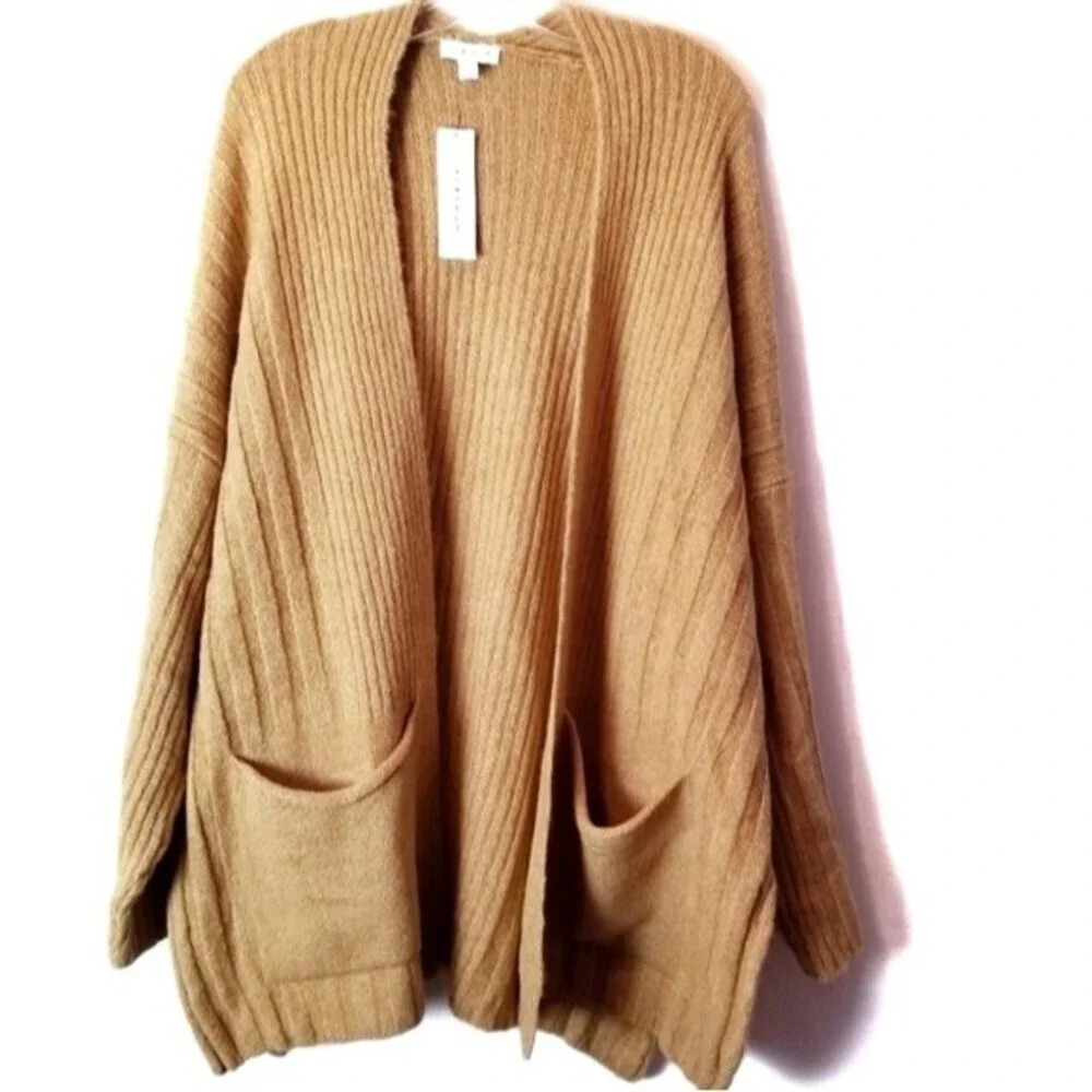 NWT Topshop Camel Long Sleeve Open Front Ribbed Cardigan‎ Sweater Pockets Sz 12